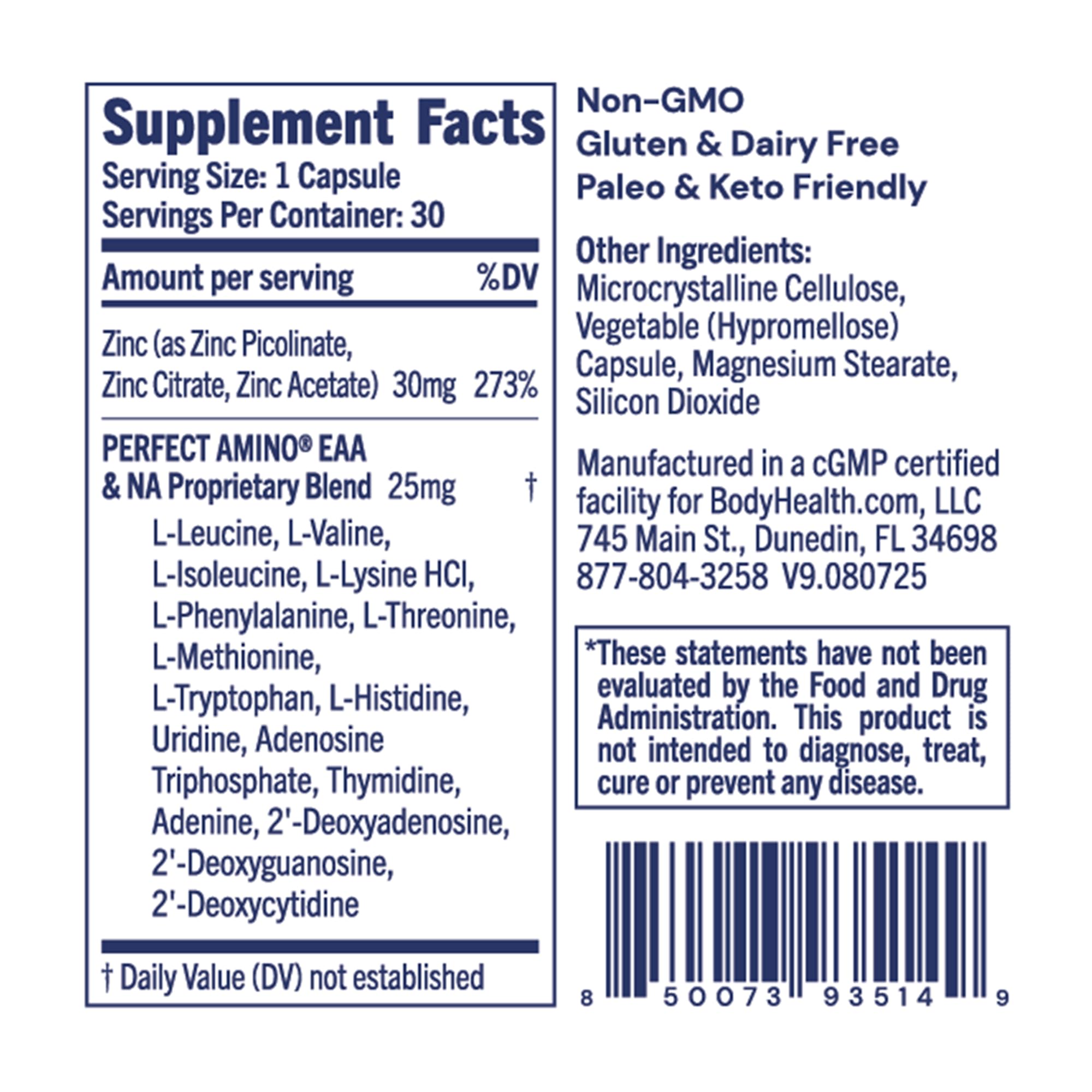 BodyHealth Zinc 30mg packaging showcases vegan, non-GMO formula.