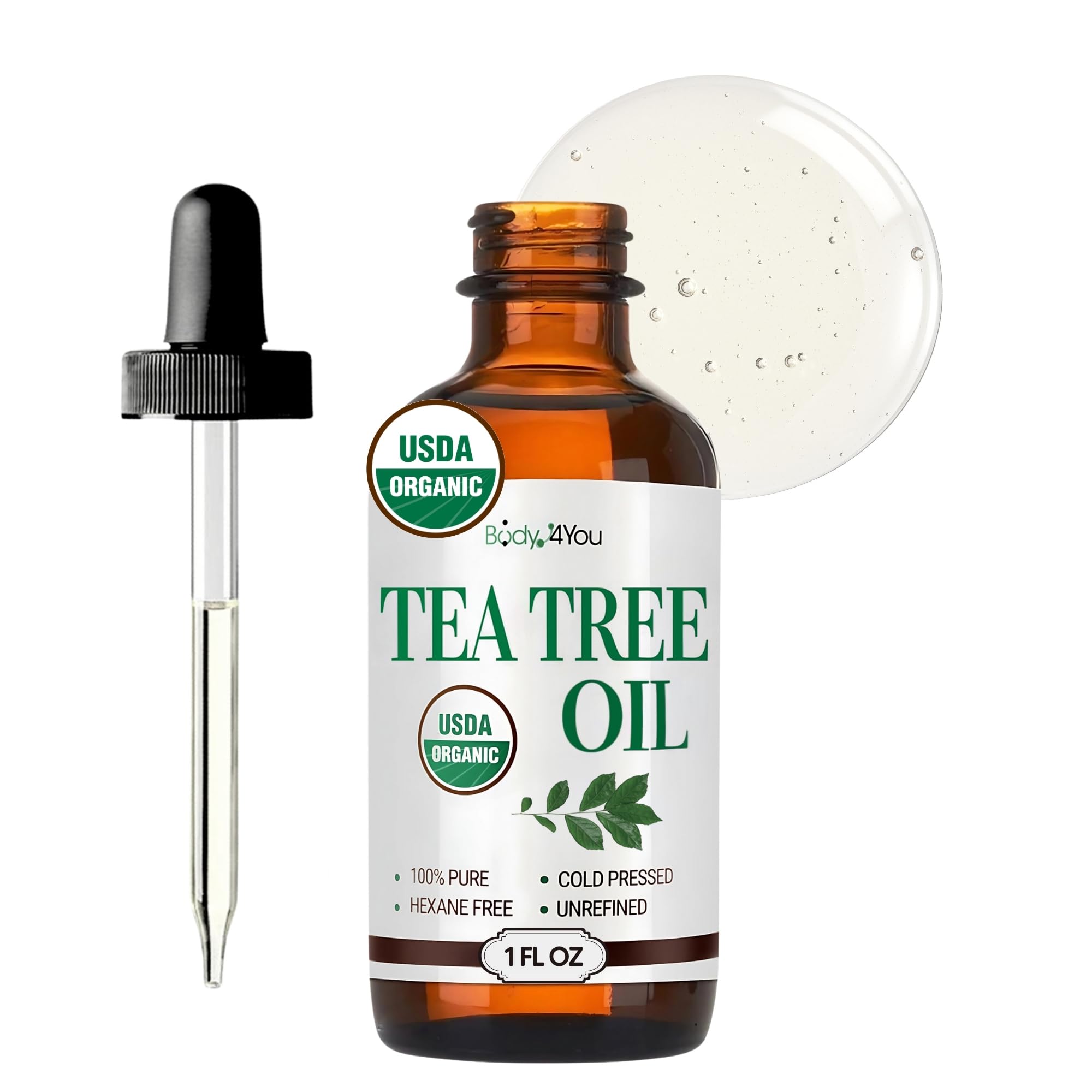 BodyJ4You Pure Tea Tree Oil bottle showing premium undiluted oil for skincare and haircare.