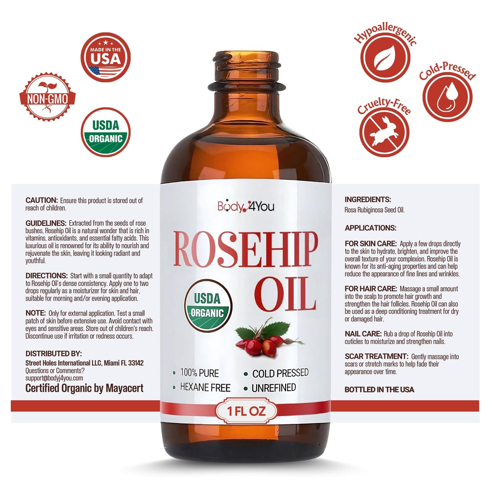 BodyJ4You Rosehip Oil USDA Organic Label highlights purity and sustainability.