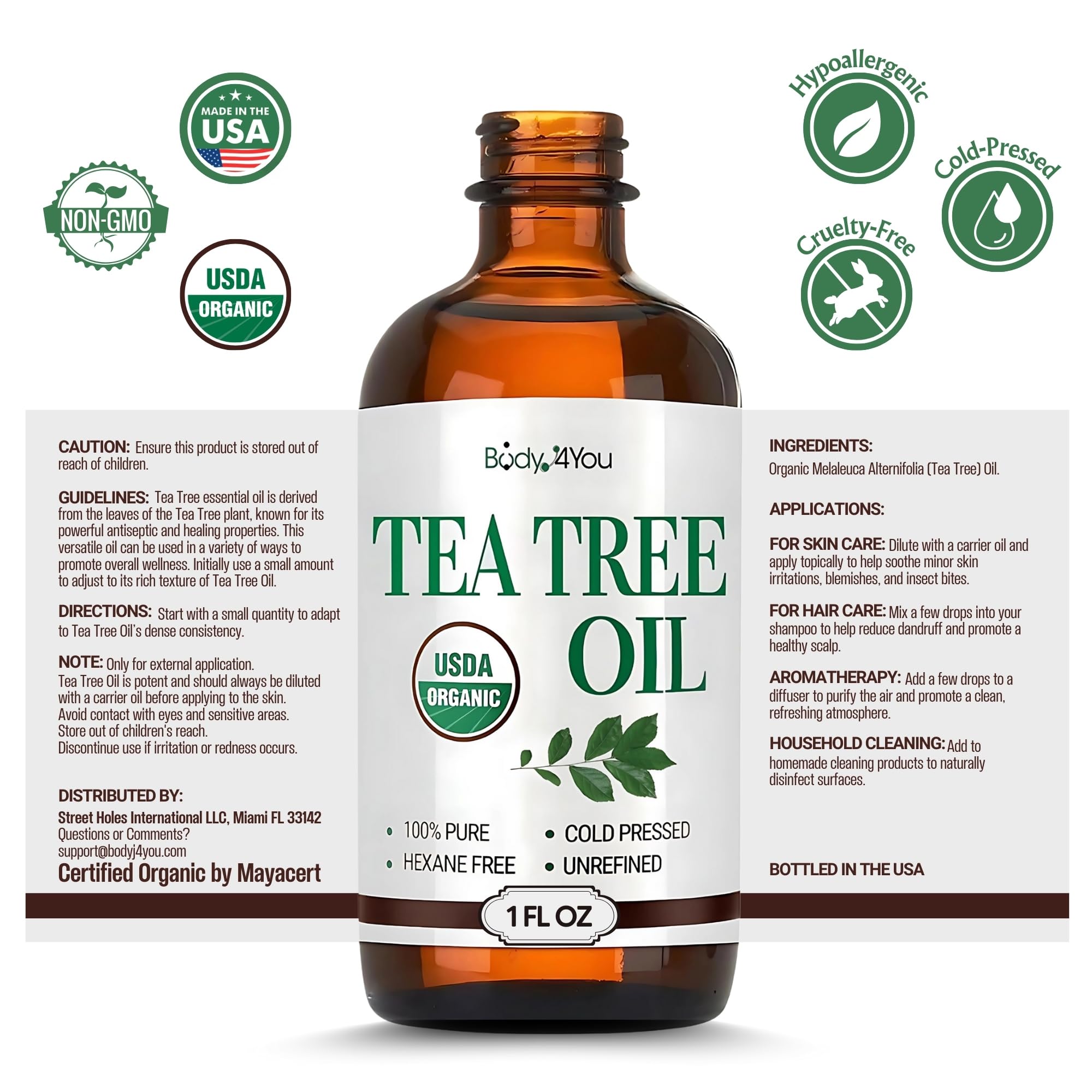 BodyJ4You Tea Tree Oil amber glass bottle protects potency.