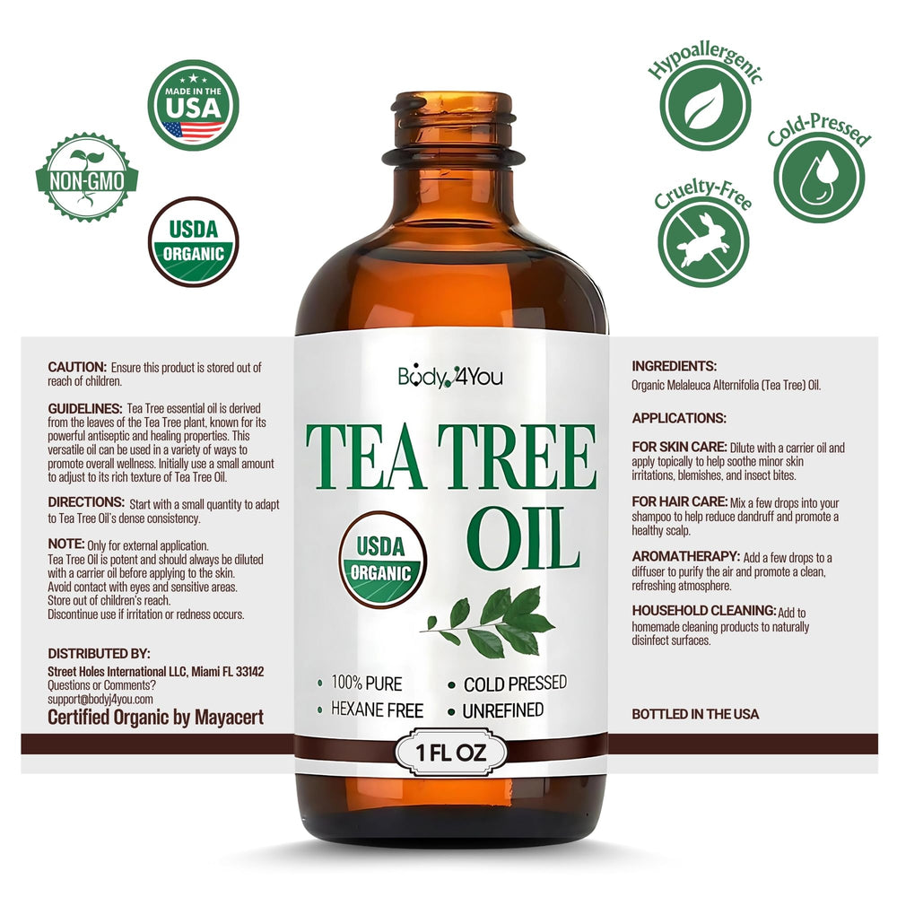 BodyJ4You Tea Tree Oil amber glass bottle protects potency.