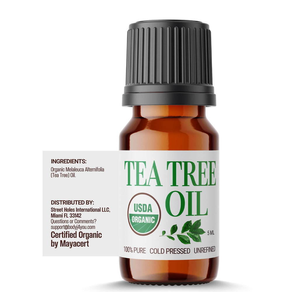 BodyJ4You Tea Tree Oil label close-up highlighting pure organic formula
