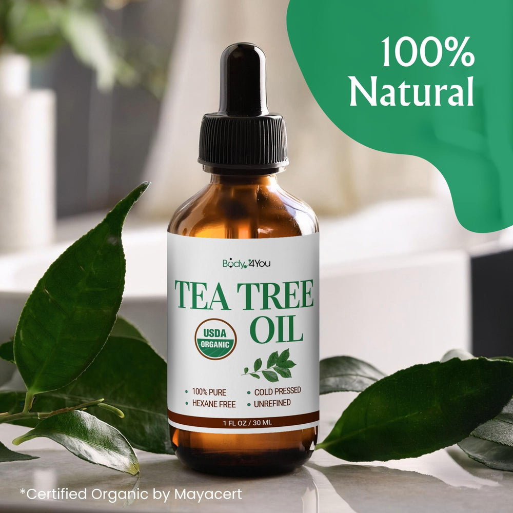BodyJ4You Tea Tree Oil USA-made label emphasizing quality.