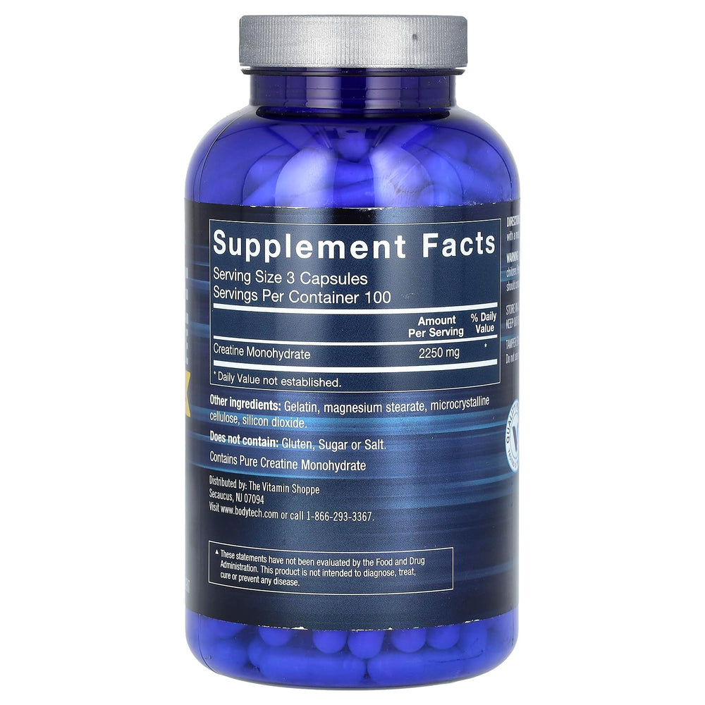 BodyTech Creatine Monohydrate capsules with scoop, ready for training sessions