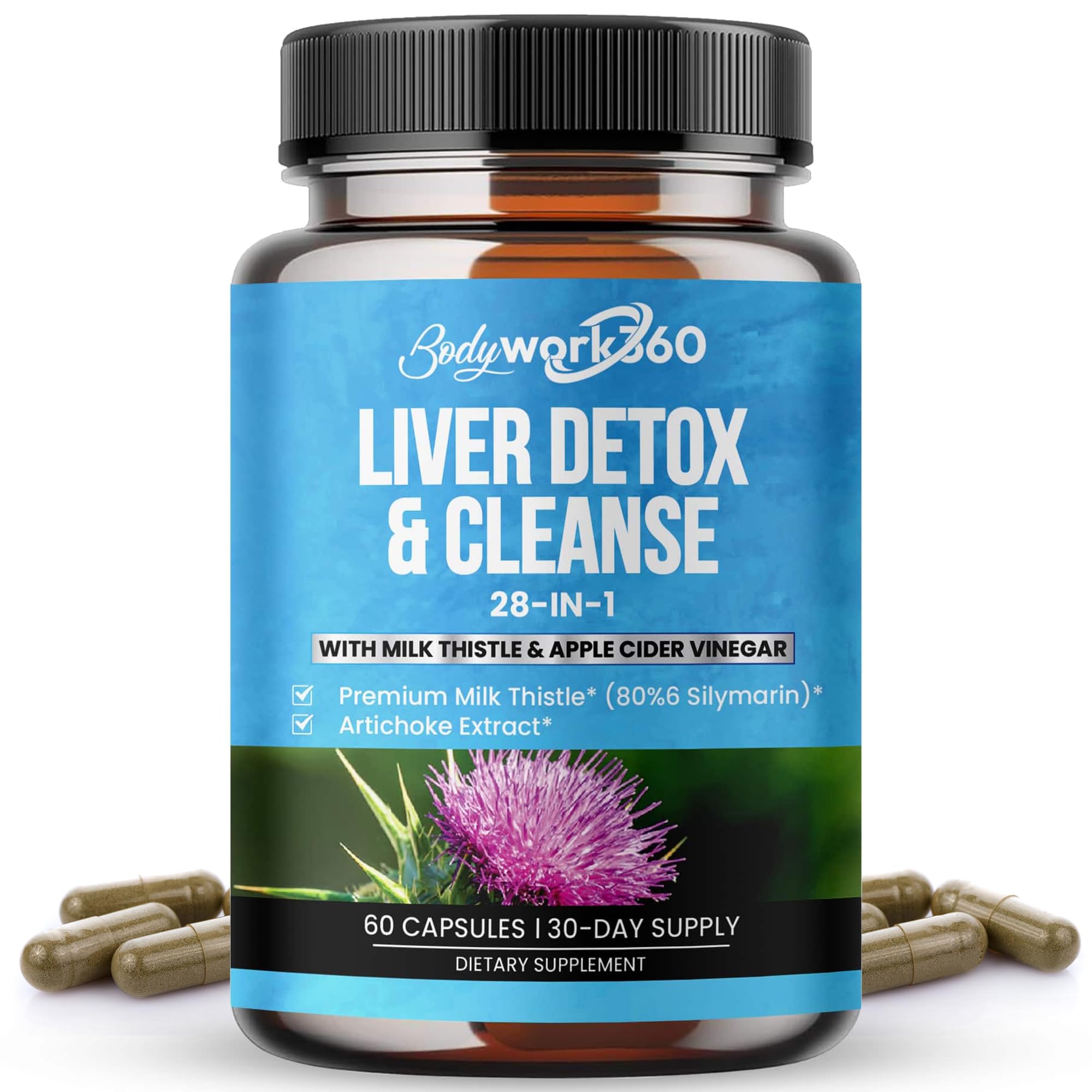 Bodywork360 Milk Thistle Complex bottle label suggests immune-friendly liver support.