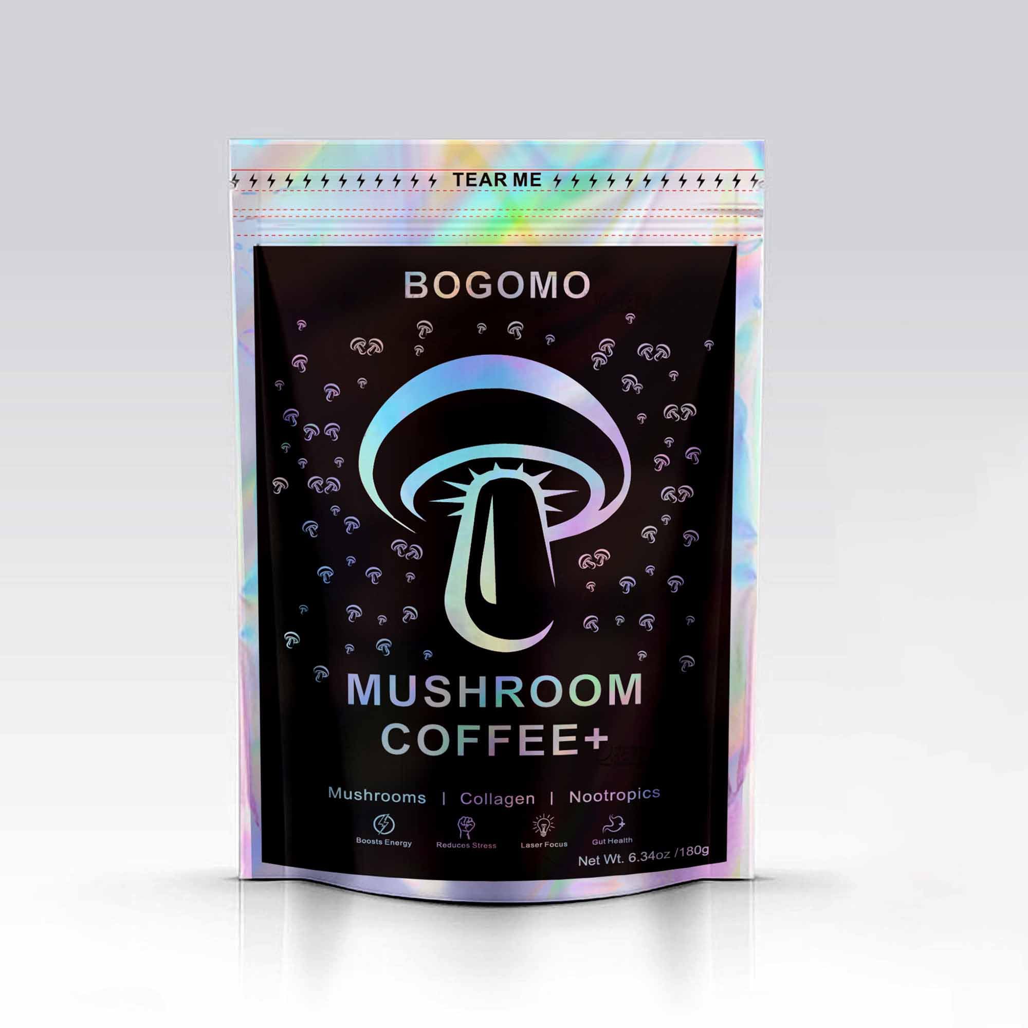 Bogomo Organic Mushroom Coffee ingredients-label points to Chaga and Lions Mane