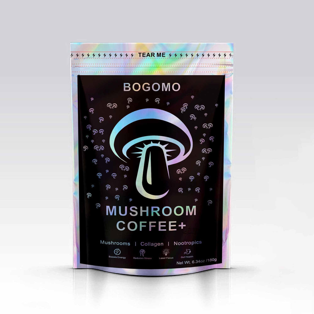 Bogomo Organic Mushroom Coffee ingredients-label points to Chaga and Lions Mane