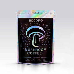 Bogomo Organic Mushroom Coffee ingredients-label points to Chaga and Lions Mane