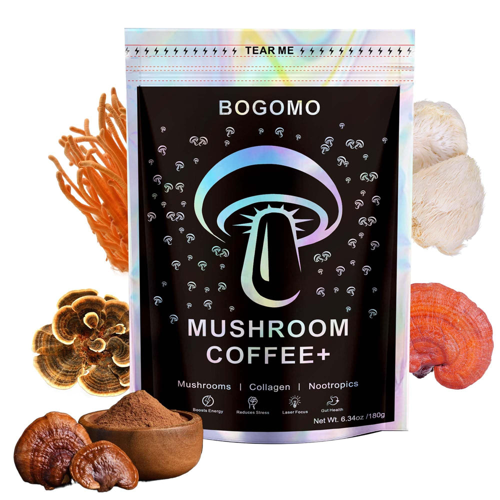 Bogomo Organic Mushroom Coffee pack-front showcases a premium blend for smoother energy