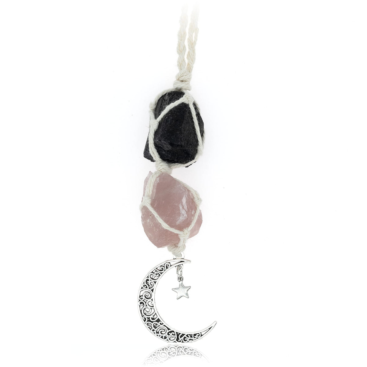 Boho Garden crystal car charm with black tourmaline and rose quartz for positive energy