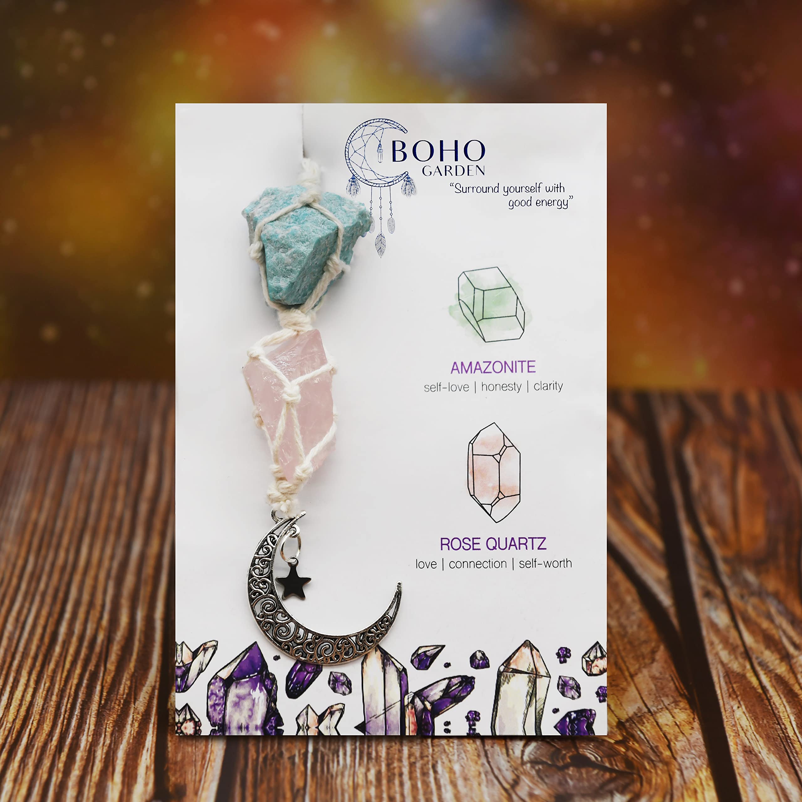 BOHO GARDEN dangling-moon-crystal-car-decor adds spiritual balance during daily drives.