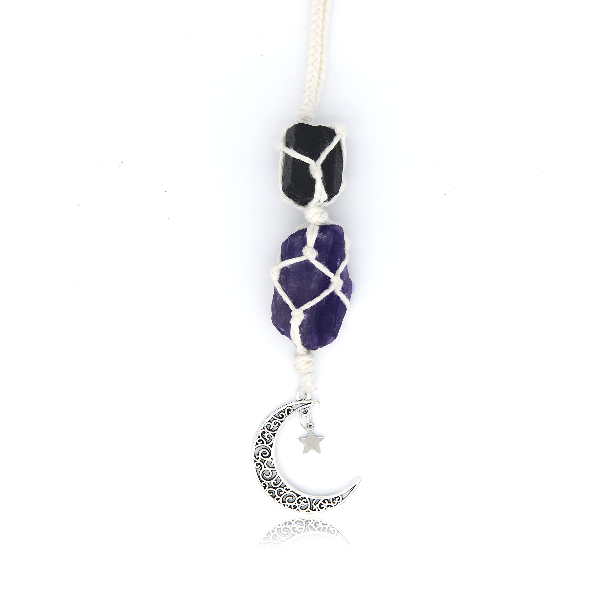 BOHO GARDEN hanging car charm with black tourmaline and amethyst, dangling moon for grounding vibes.