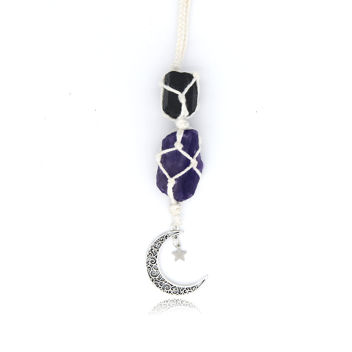 BOHO GARDEN hanging car charm with black tourmaline and amethyst, dangling moon for grounding vibes.