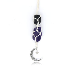 BOHO GARDEN hanging car charm with black tourmaline and amethyst, dangling moon for grounding vibes.