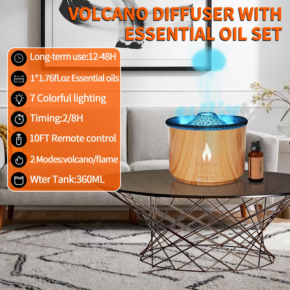 BOHOFAM diffuser in flame mode delivering warm mist in a bedroom setting