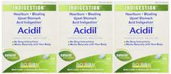 Boiron Acidil bottle front view showing quick-dissolving tablets for occasional indigestion.