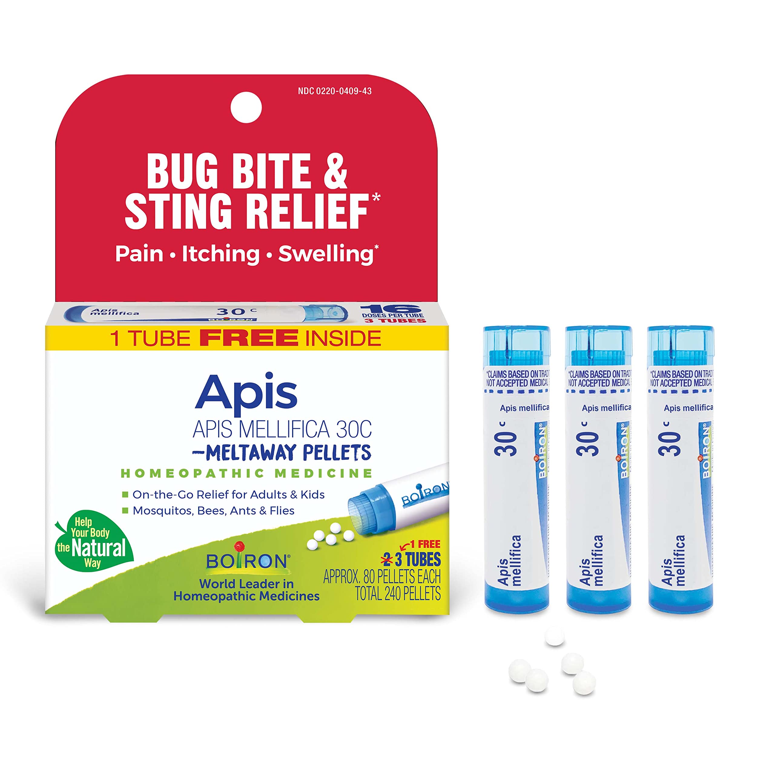 Boiron Apis Mellifica 30C pellets in a tube for on-the-go bite relief