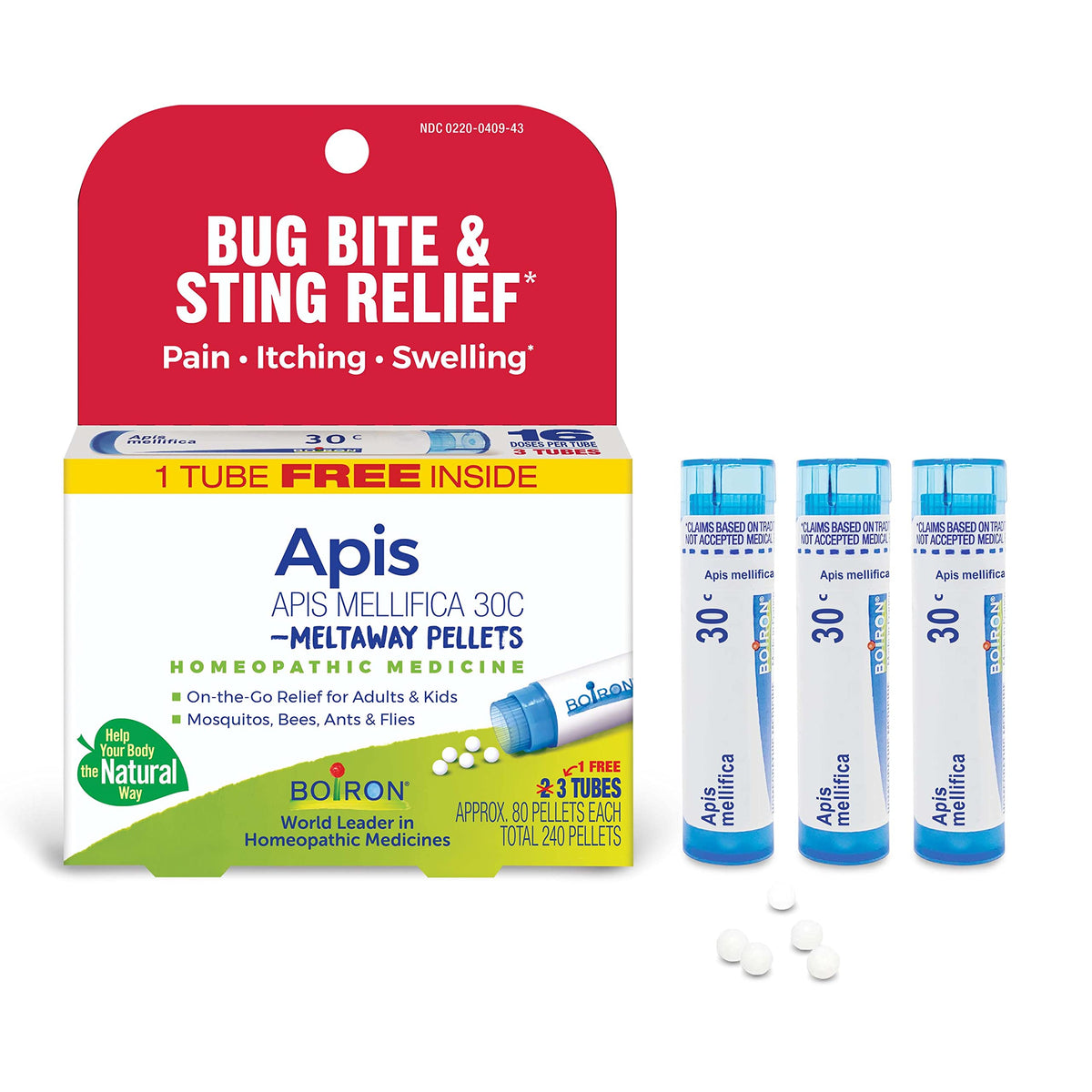 Boiron Apis Mellifica 30C pellets in a tube for on-the-go bite relief