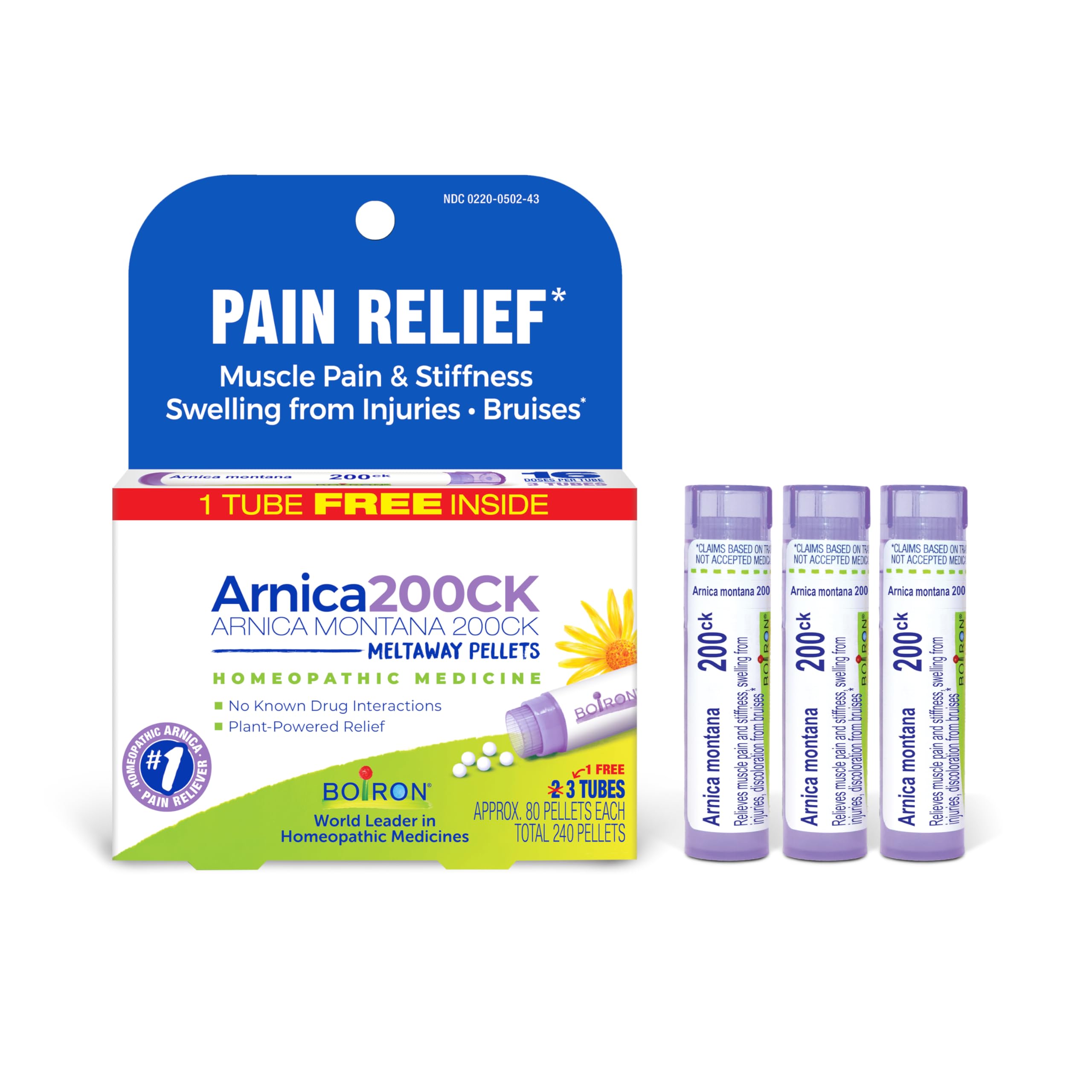Boiron Arnica 200CK tubes pack on-the-go relief packaging.