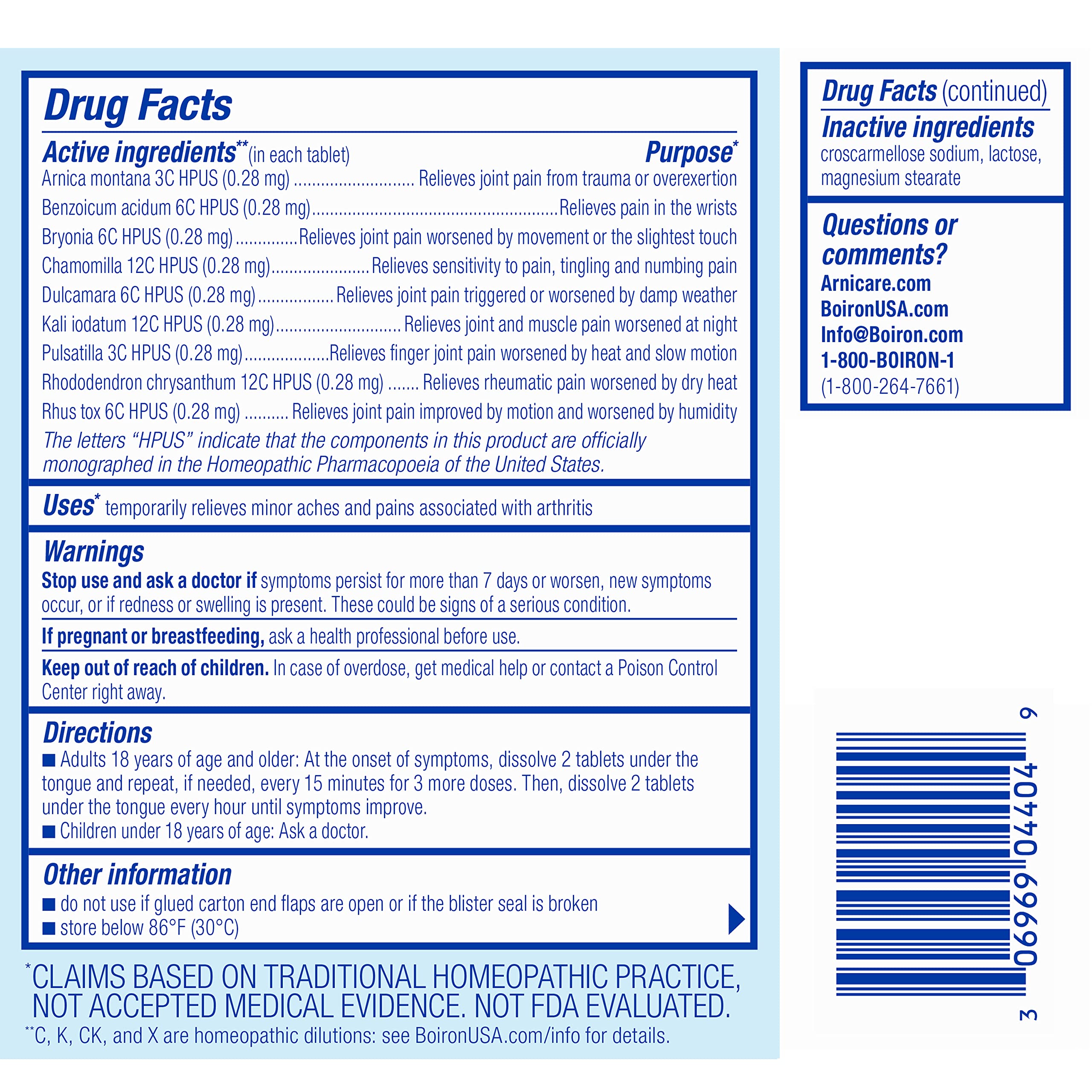 Boiron Arnicare Arthritis Tablets pack back with usage and ingredients.