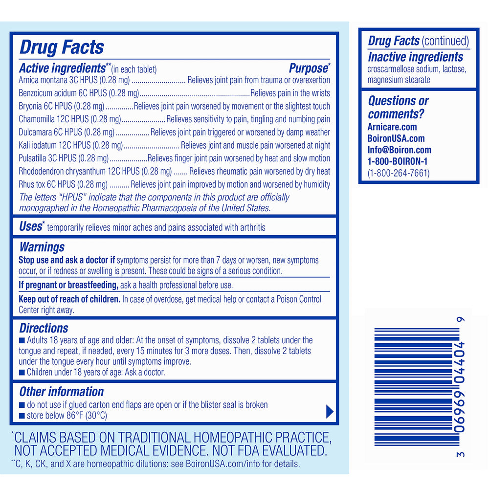 Boiron Arnicare Arthritis Tablets pack back with usage and ingredients.