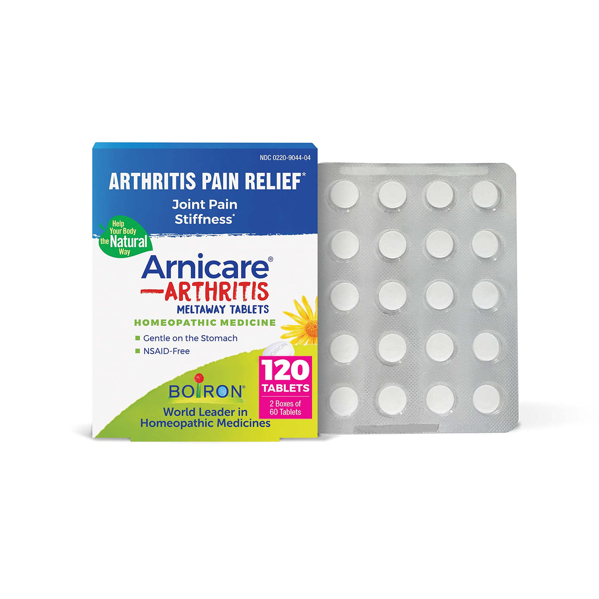 Boiron Arnicare Arthritis Tablets pack front showing NSAID-free relief for minor joint discomfort.