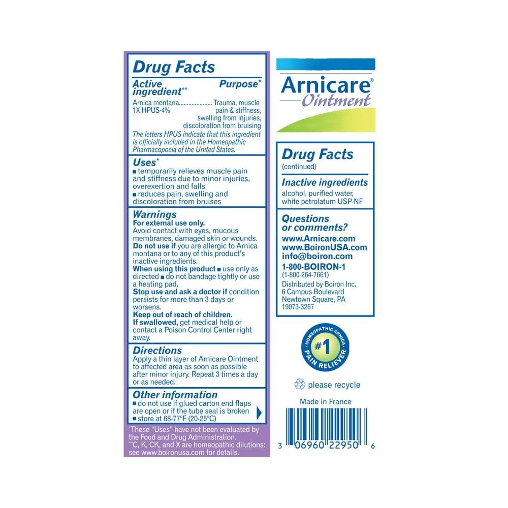 Boiron Arnicare ointment in use on skin to relieve stiffness and swelling from bumps.