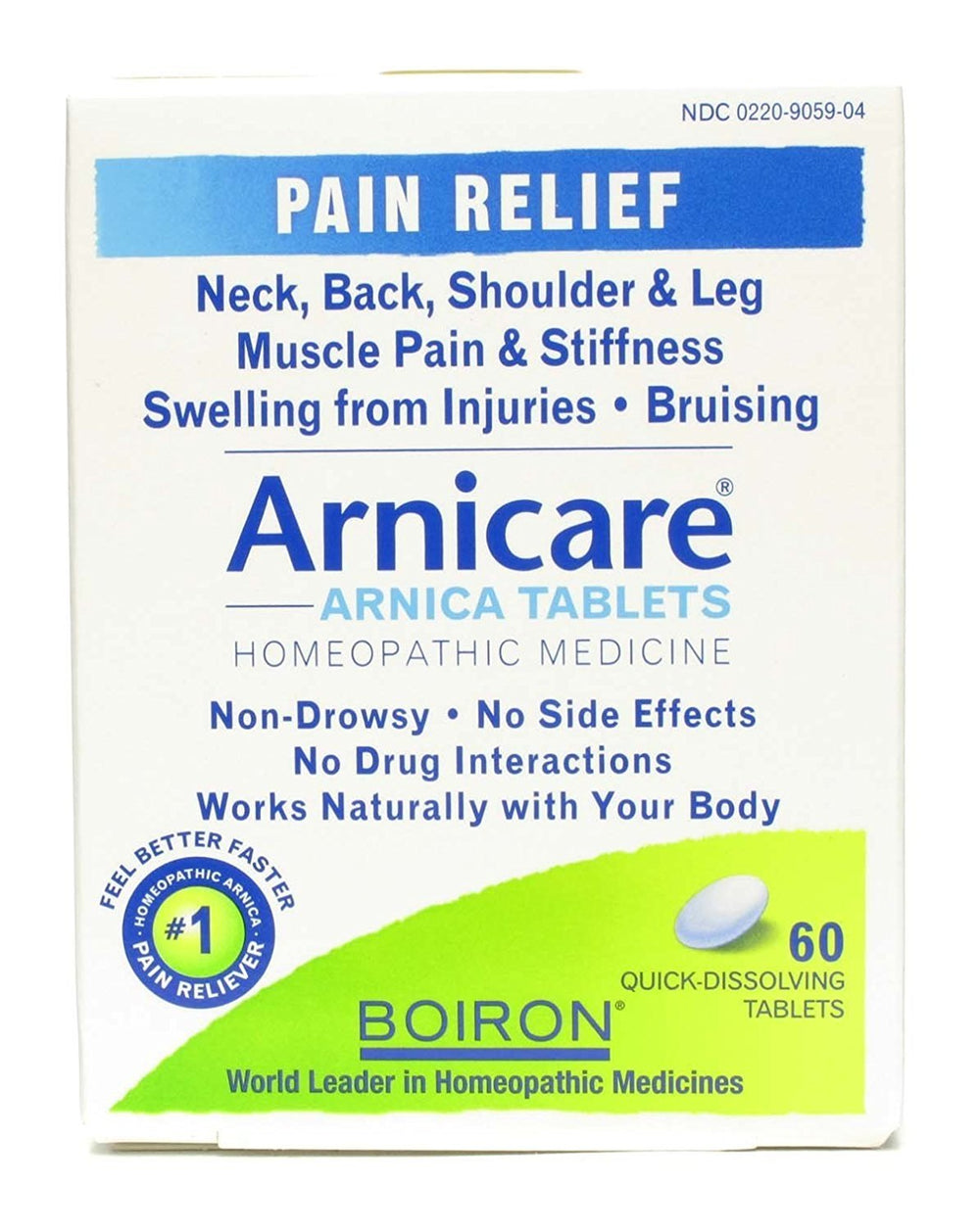 Boiron Arnicare tablets pack for temporary relief of minor pains and bruises.