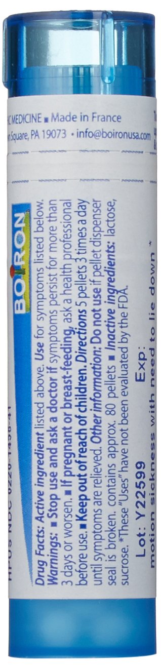 Boiron Cocculus Indicus 30C bottle label provides travel dosage guidance.