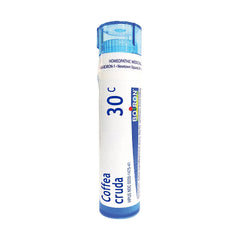 Boiron Coffea Cruda 30C tube dispensing pellets for on-the-go use.