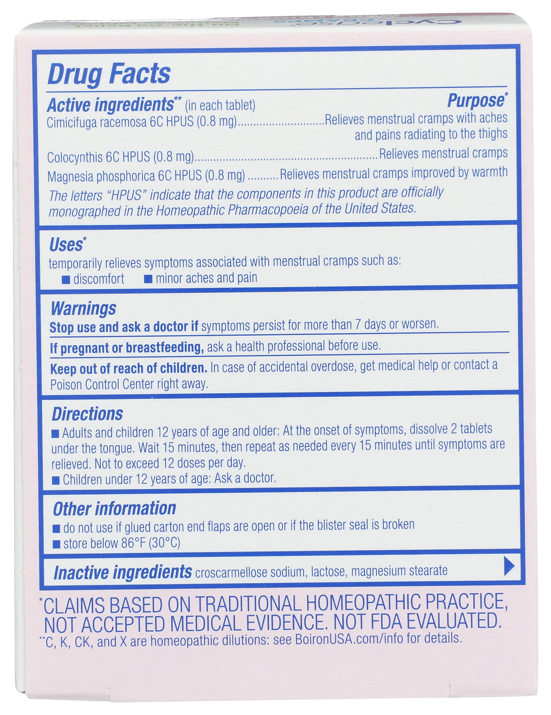 Closeup of Boiron Cyclease cramp tablets highlighting compact, easy-to-take format.