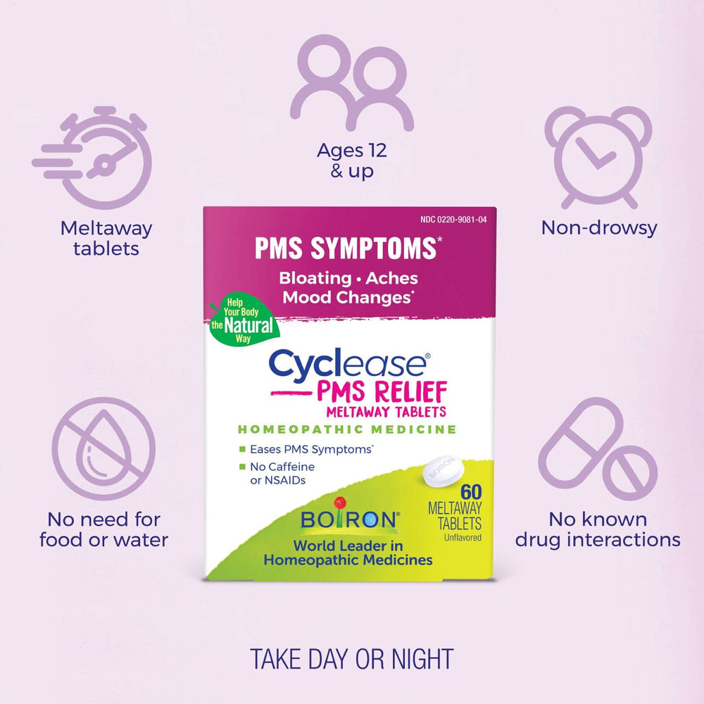 Boiron Cyclease PMS Relief box displays gluten-free and additive-free formula.