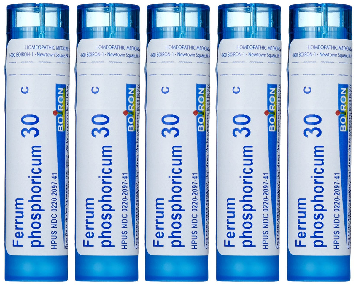 Boiron Ferrum Phosphoricum 30C packaging for convenient fever relief on the go.