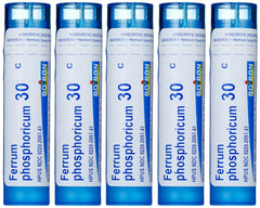 Boiron Ferrum Phosphoricum 30C packaging for convenient fever relief on the go.