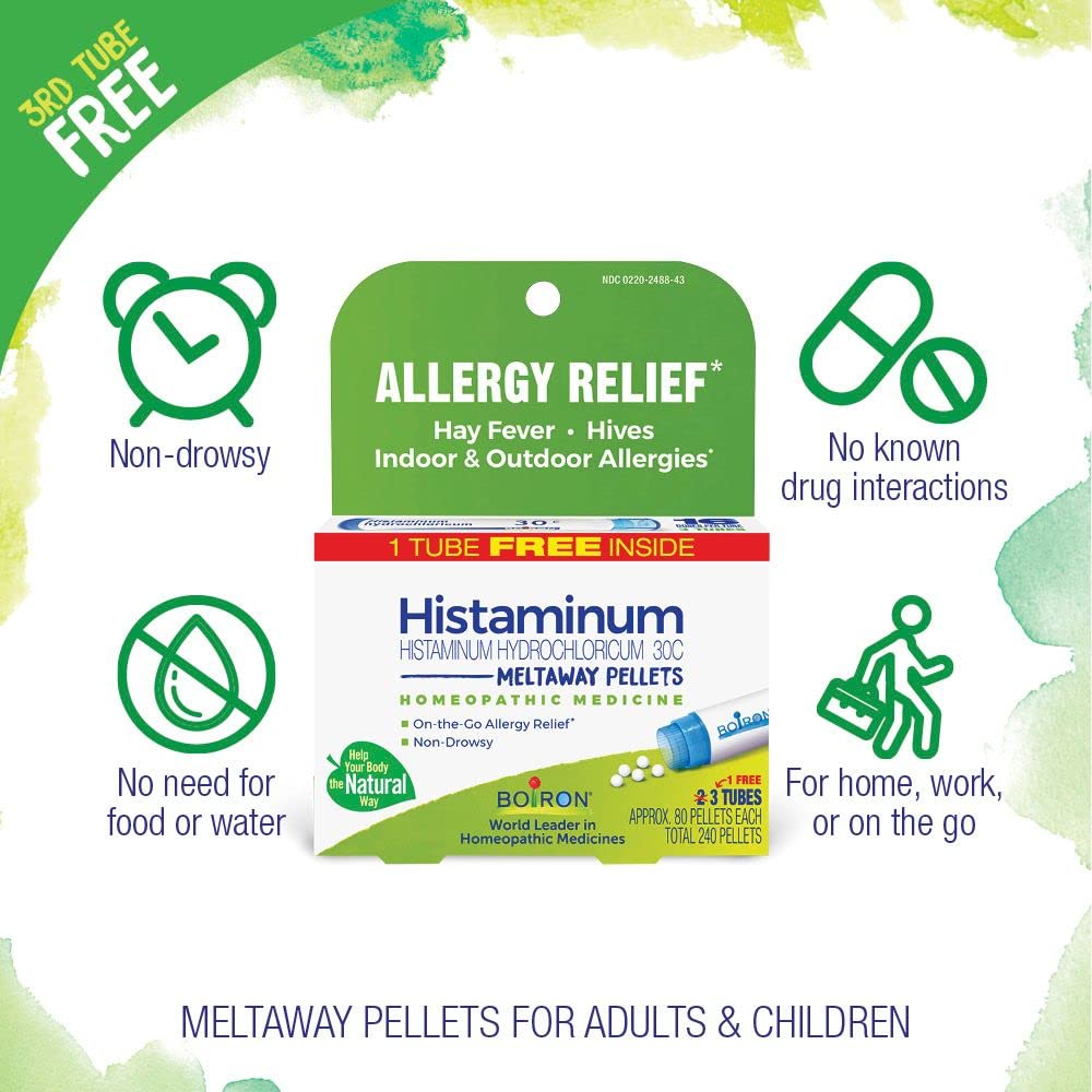 Boiron Histaminum 30C bottle close-up highlighting its convenient allergy option.
