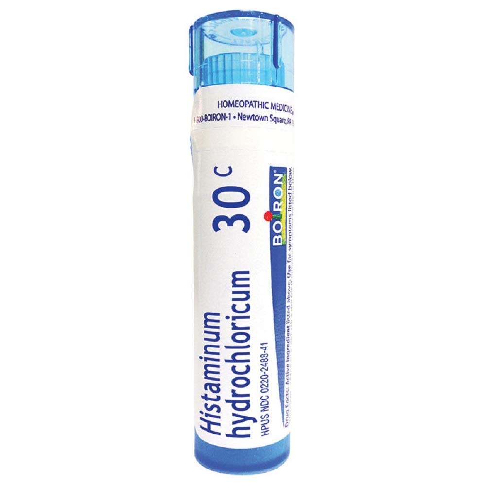 Boiron Histaminum Hydrochloricum 30C pellets bottle, a compact homeopathic allergy relief option.