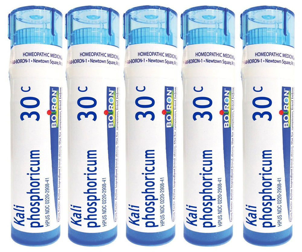 Boiron Kali Phosphoricum 30C pellets in five tubes, a natural OTC option