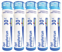 Boiron Kali Phosphoricum 30C pellets in five tubes, a natural OTC option