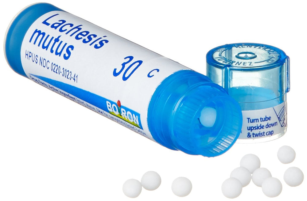 Boiron Lachesis Mutus 30C hot flashes use, compact treatment.