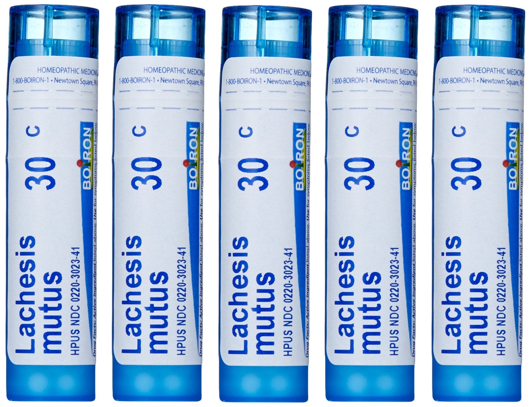 Boiron Lachesis Mutus 30C pellets on the tongue for quick-dissolving relief.