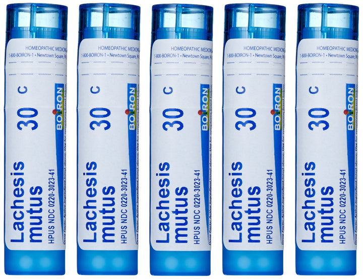 Boiron Lachesis Mutus 30C pellets on the tongue for quick-dissolving relief.