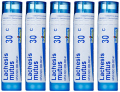 Boiron Lachesis Mutus 30C pellets on the tongue for quick-dissolving relief.