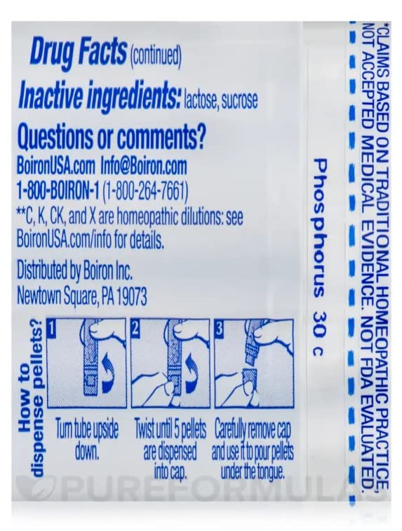Boiron Phosphorus 30C pellets suitable for adults and children.