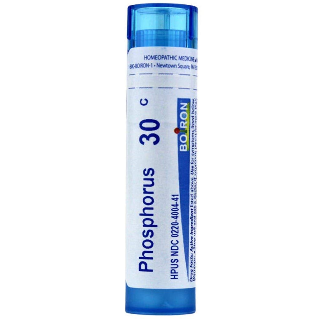 Boiron Phosphorus 30C pellets in a dispensing tube for easy on-the-go use.