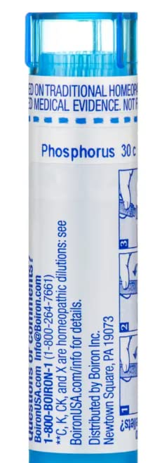 Boiron Phosphorus 30C label highlighting ingredients and directions.