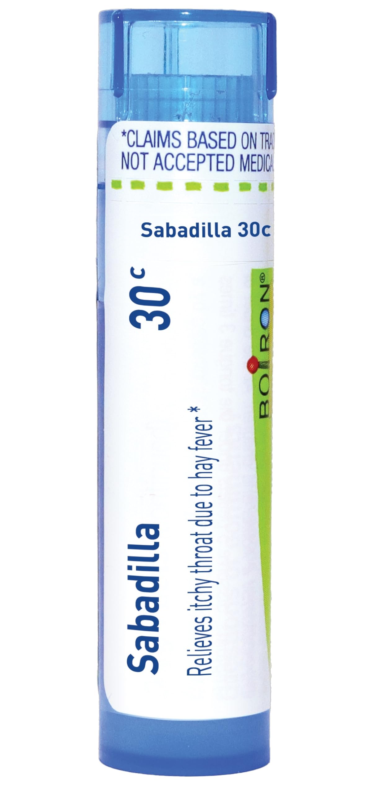 Boiron Sabadilla 30C pellets in dispensing tube for on-the-go relief.