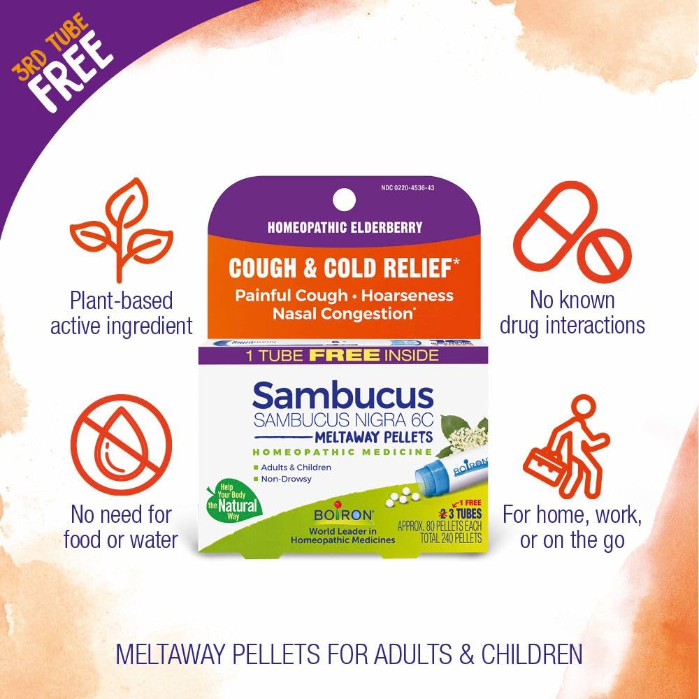 Elderberry-based Boiron Sambucus 6C homeopathic formulation in pellet form.