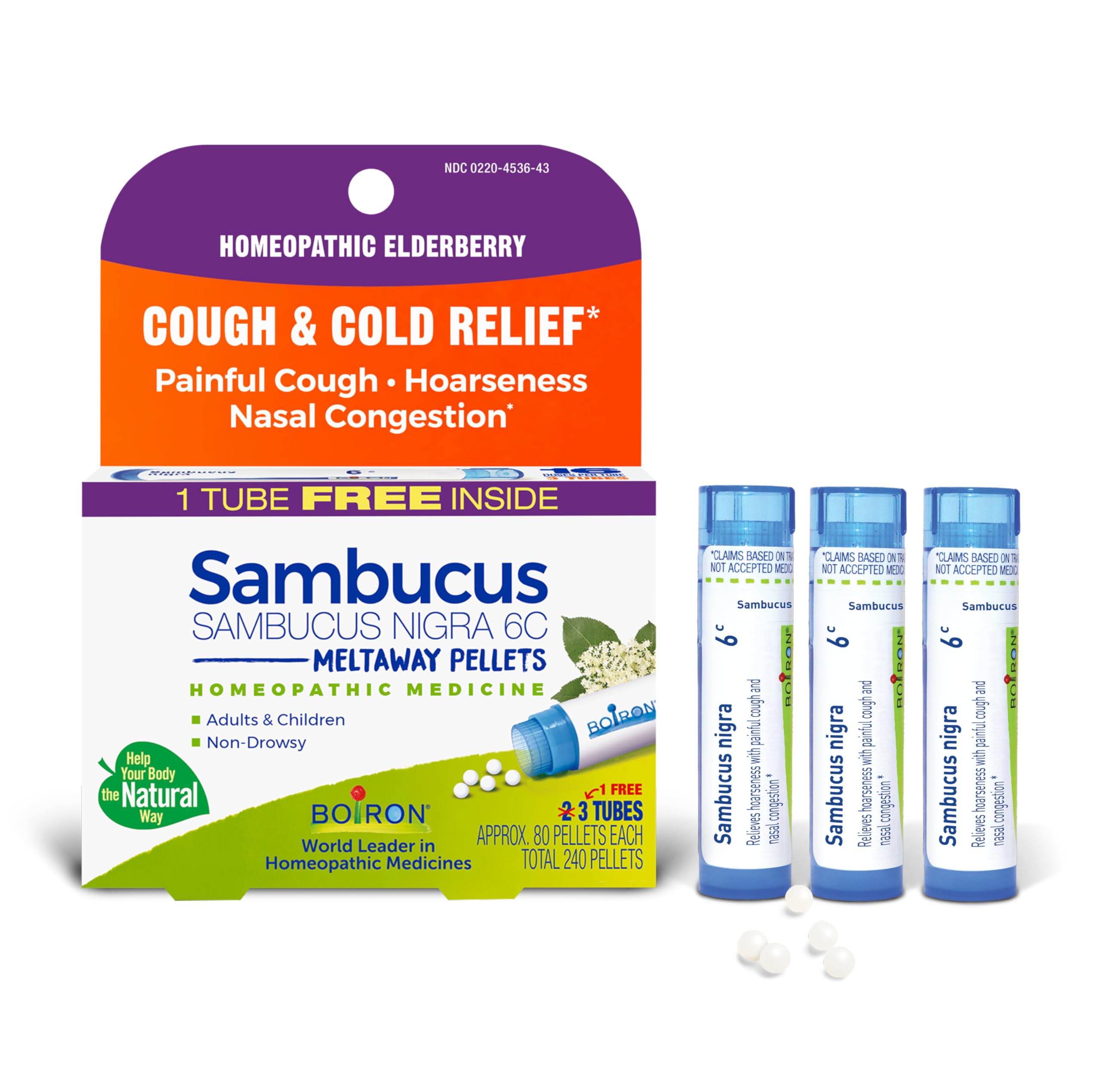 Boiron Sambucus 6C pellets dissolve under the tongue for quick, water-free relief.