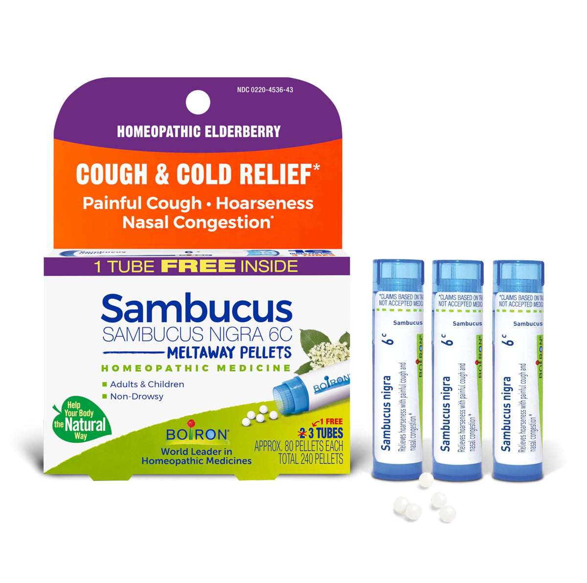 Boiron Sambucus 6C pellets dissolve under the tongue for quick, water-free relief.