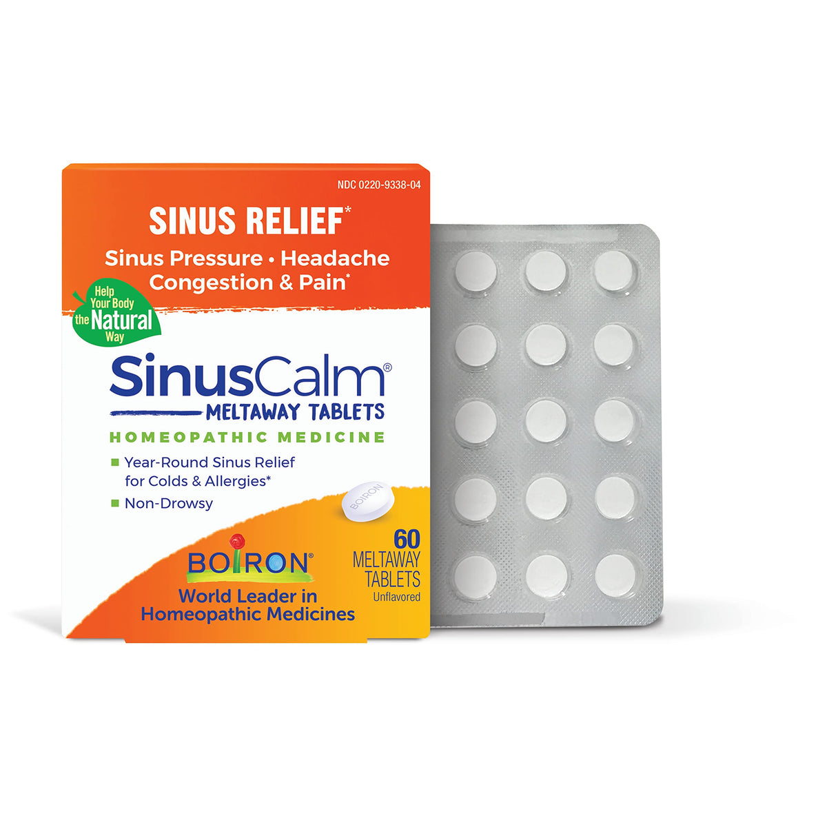 Boiron SinusCalm box front showing a non-drowsy relief option.